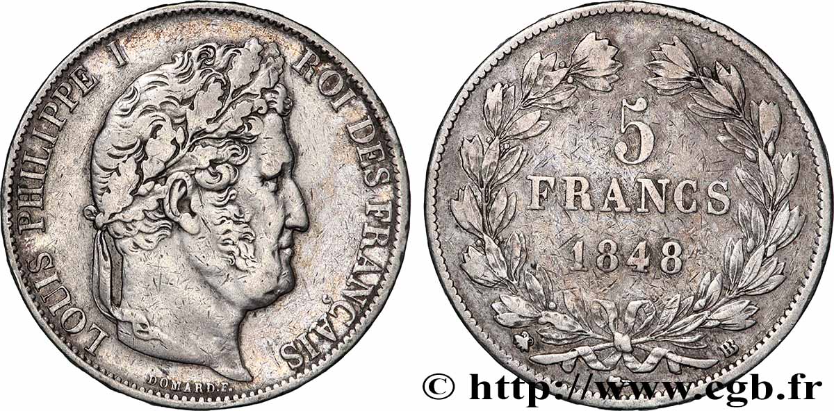 5 francs IIIe type Domard 1848 Strasbourg F.325/18 VF/AU
