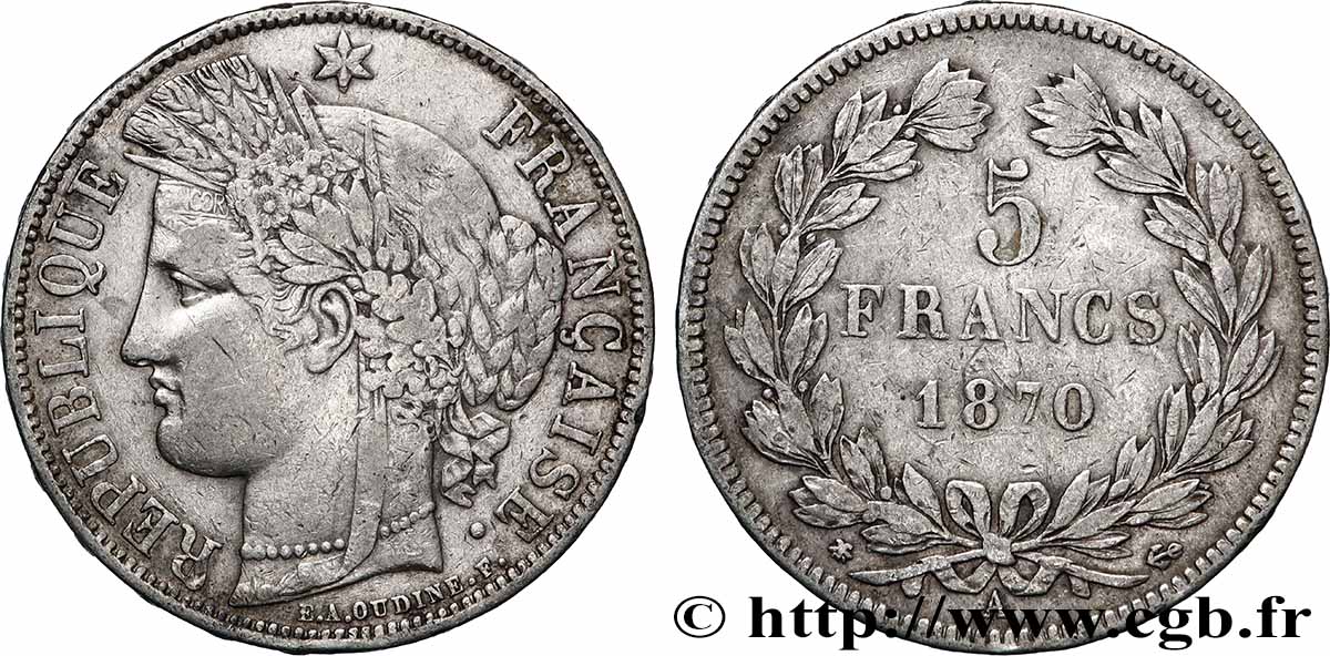 5 francs Cérès, sans légende 1870 Paris F.332/1 VF