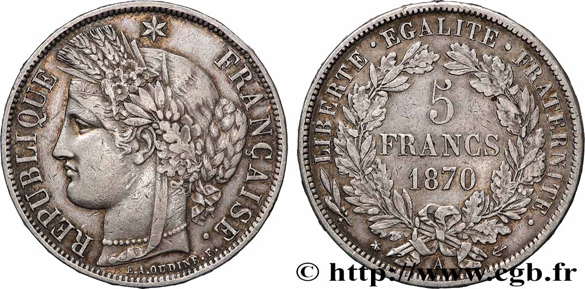 5 francs Cérès, avec légende 1870 Paris F.333/1 BC+