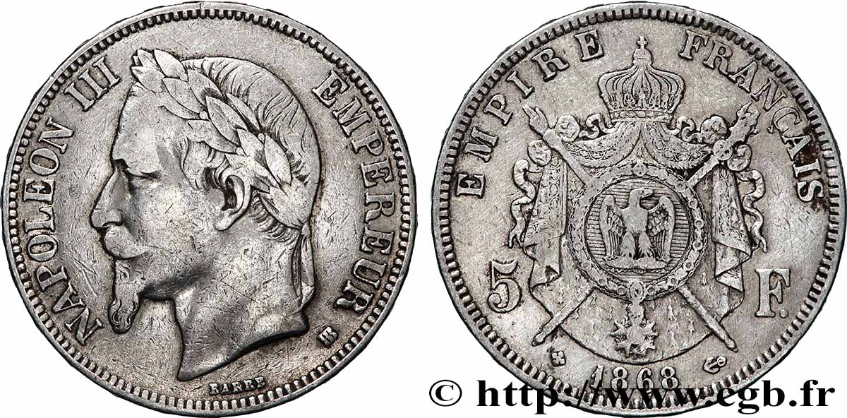 5 francs Napoléon III, tête laurée 1868 Strasbourg F.331/13 TB