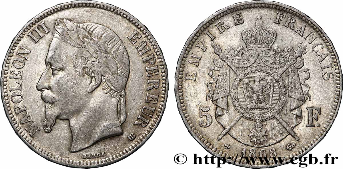 5 francs Napoléon III, tête laurée 1868 Strasbourg F.331/13 TB