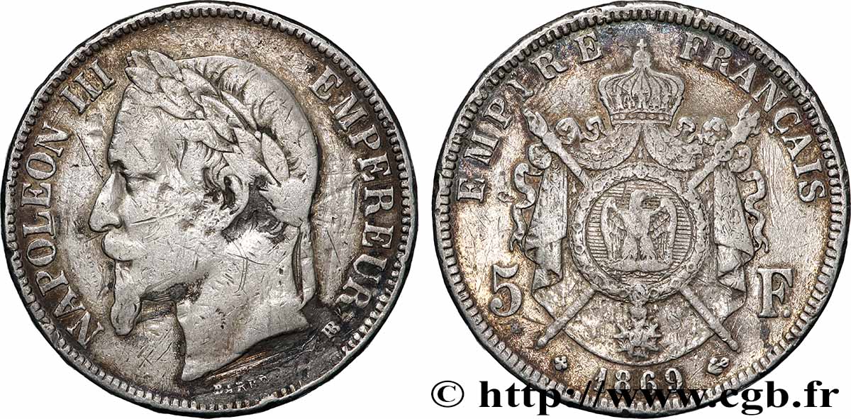 5 francs Napoléon III, tête laurée 1869 Strasbourg F.331/15 B+