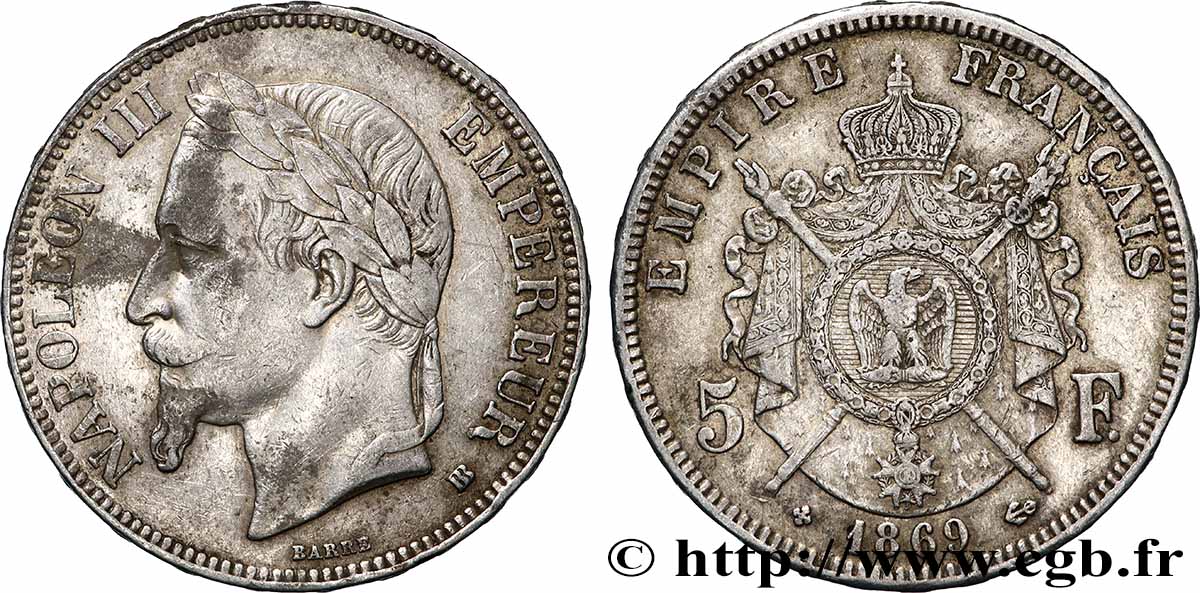 5 francs Napoléon III, tête laurée 1869 Strasbourg F.331/15 TB