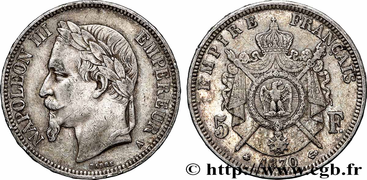 5 francs Napoléon III, tête laurée 1870 Paris F.331/16 TB+