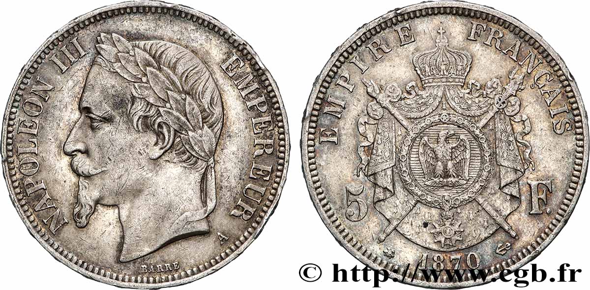 5 francs Napoléon III, tête laurée 1870 Paris F.331/16 TTB