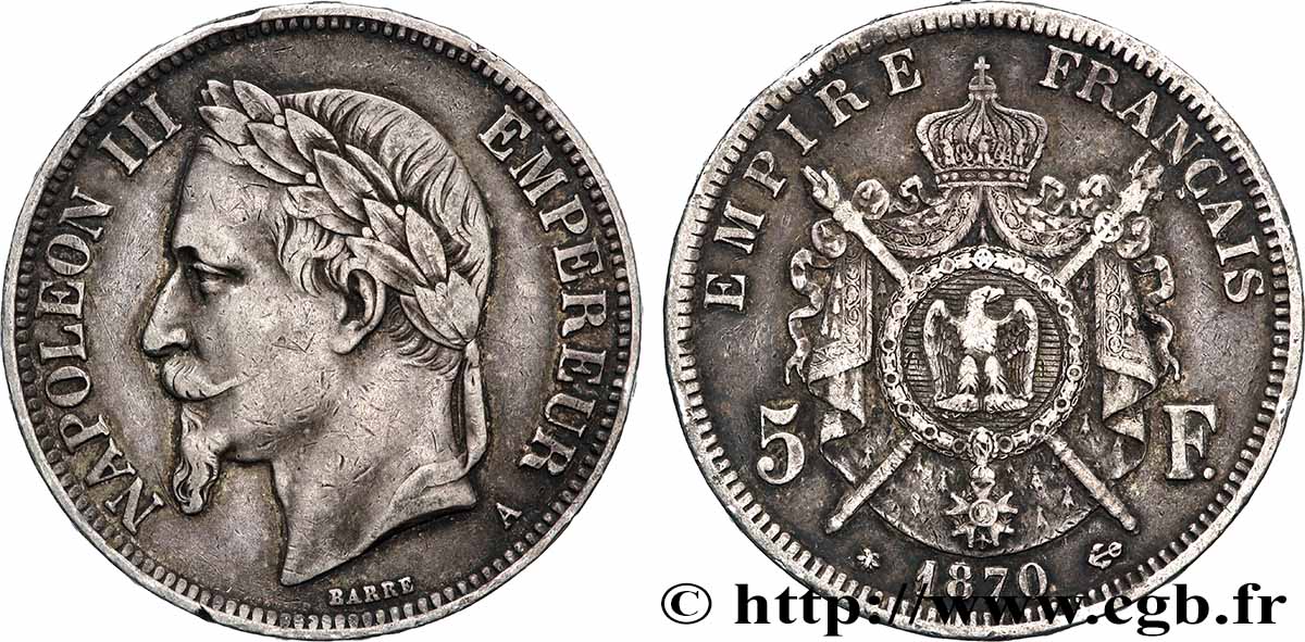 5 francs Napoléon III, tête laurée 1870 Paris F.331/16 TTB