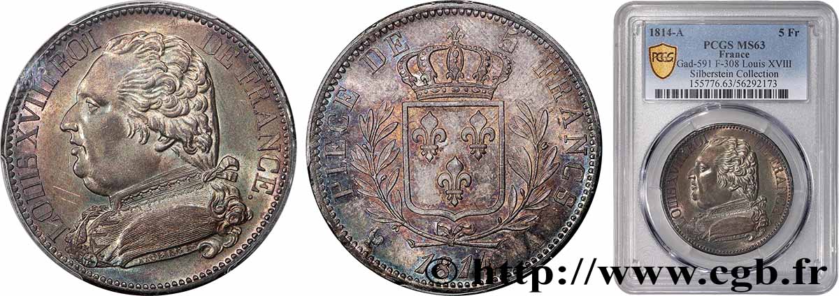5 francs Louis XVIII, buste habillé 1814 Paris F.308/1 SPL63 PCGS
