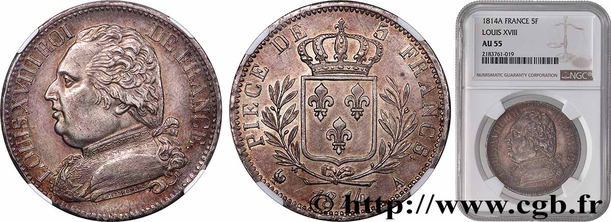 5 francs Louis XVIII, buste habillé 1814 Paris F.308/1 SUP55 NGC