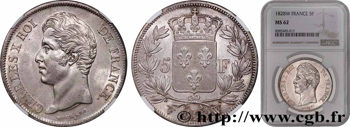 5 francs Charles X, 2e type 1828 Lille F.311/26 MS62 NGC