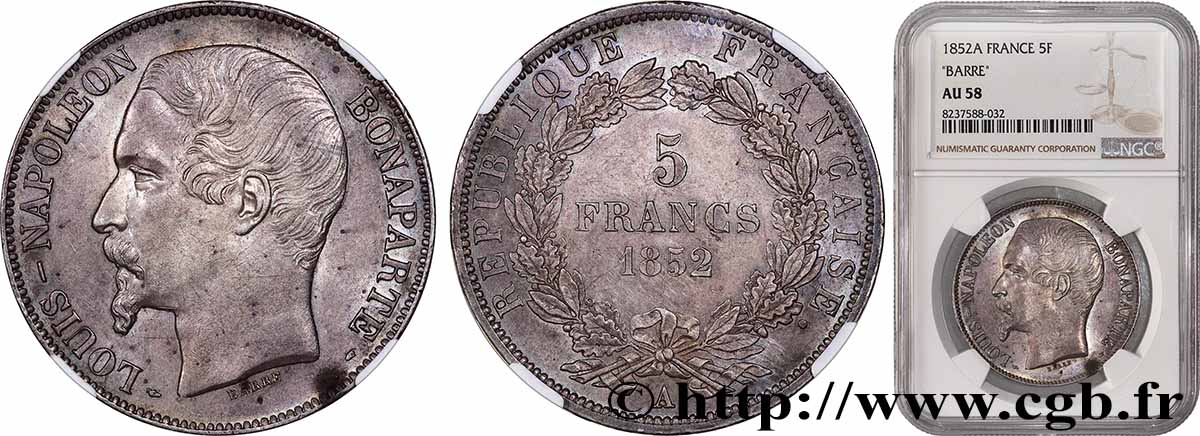 5 francs Louis-Napoléon, 1er type 1852 Paris F.329/1 AU58 NGC