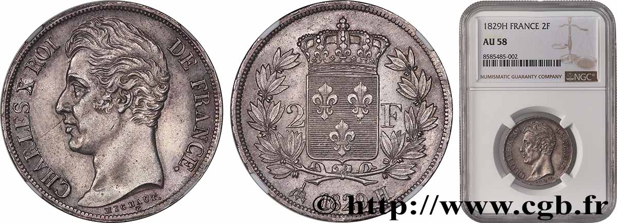 2 francs Charles X 1829 La Rochelle F.258/53 AU58 NGC