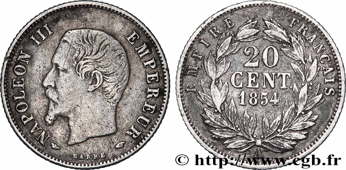 20 centimes Napoléon III, tête nue 1854 Paris F.148/2 VF