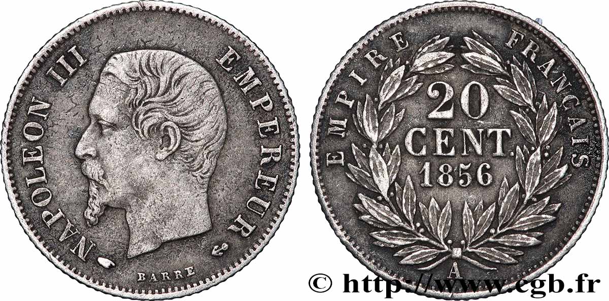 20 centimes Napoléon III, tête nue 1856 Paris F.148/4 VF