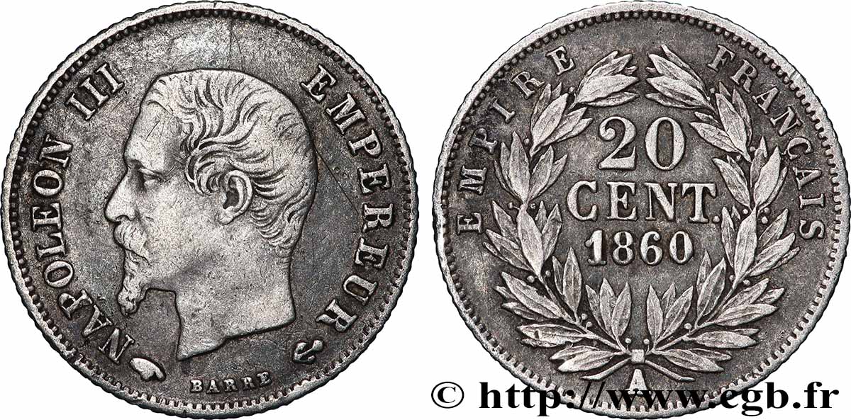 20 centimes Napoléon III, tête nue 1860 Paris F.148/14 fSS