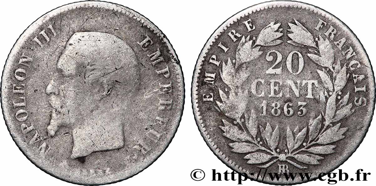 20 centimes Napoléon III, tête nue 1863 Strasbourg F.148/18 VG