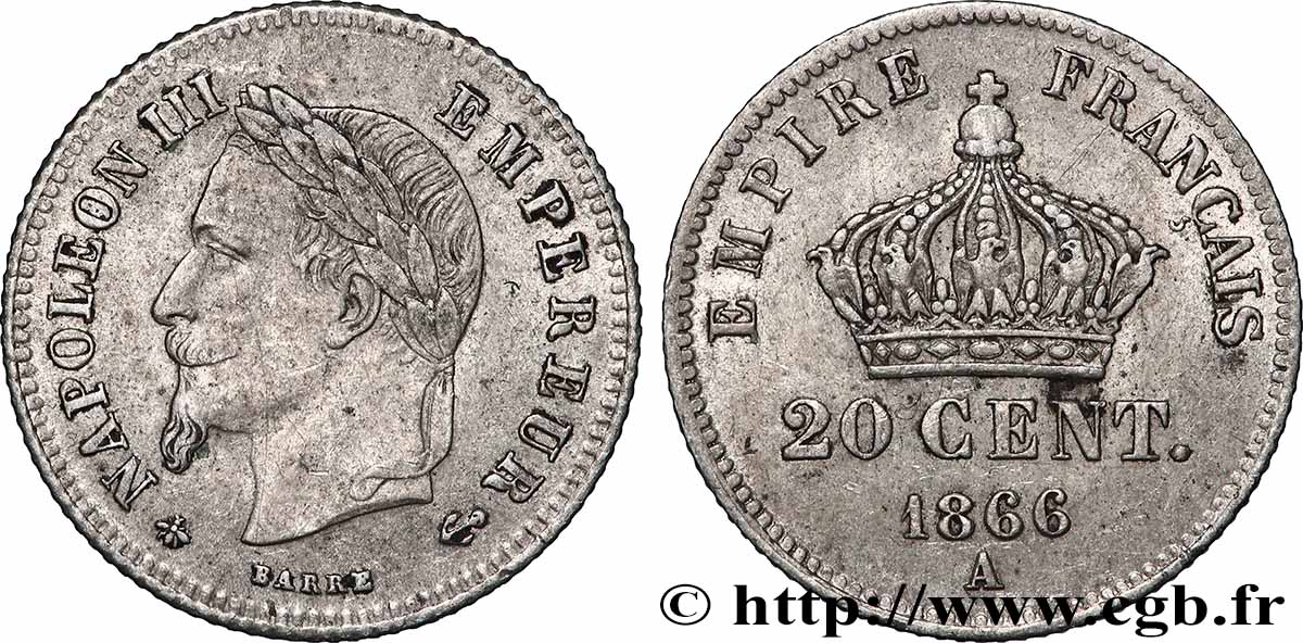 20 centimes Napoléon III, tête laurée, petit module 1866 Paris F.149/4 VF