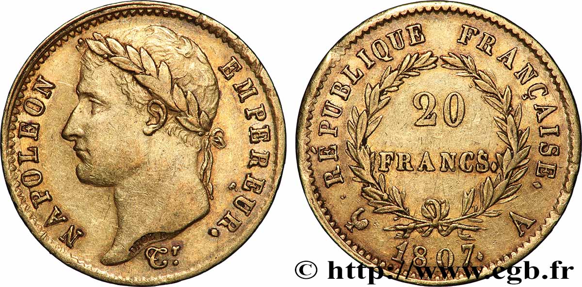 20 francs or Napoléon tête laurée, République française 1807 Paris F.515/1 TTB