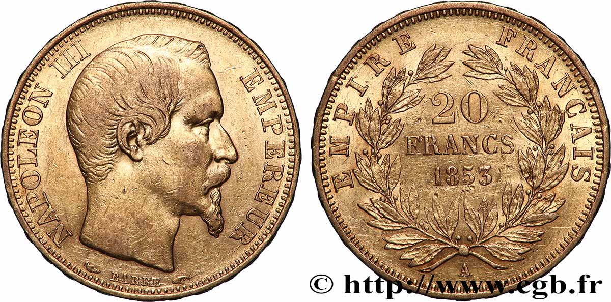 20 francs or Napoléon III, tête nue 1853 Paris F.531/1 BB
