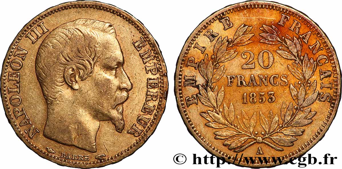 20 francs or Napoléon III, tête nue 1853 Paris F.531/1 VF