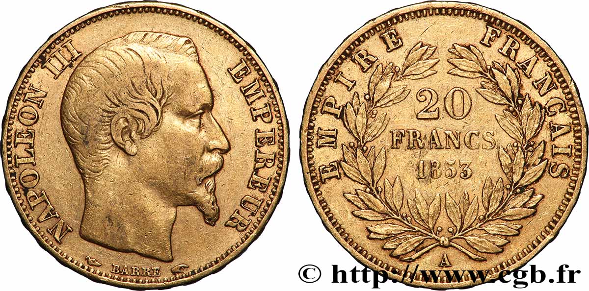 20 francs or Napoléon III, tête nue 1853 Paris F.531/1 BB