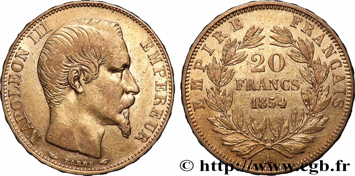 20 francs or Napoléon III, tête nue 1854 Paris F.531/2 XF