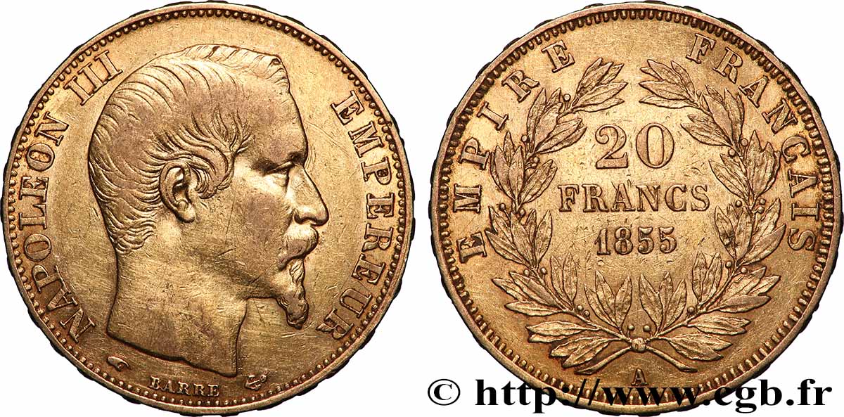 20 francs or Napoléon III, tête nue 1855 Paris F.531/4 XF