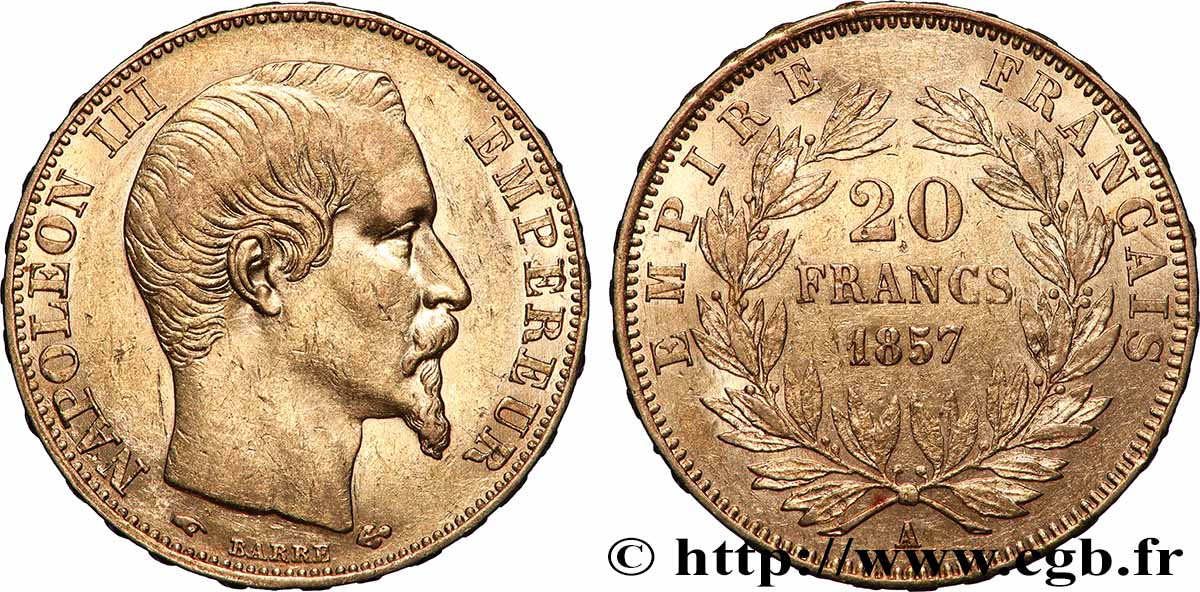 20 francs or Napoléon III, tête nue 1857 Paris F.531/12 q.SPL
