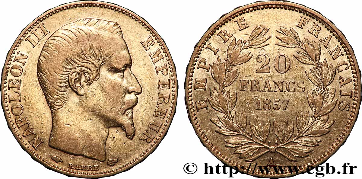 20 francs or Napoléon III, tête nue 1857 Paris F.531/12 XF