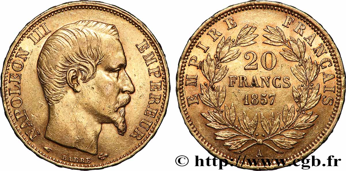 20 francs or Napoléon III, tête nue 1857 Paris F.531/12 q.SPL