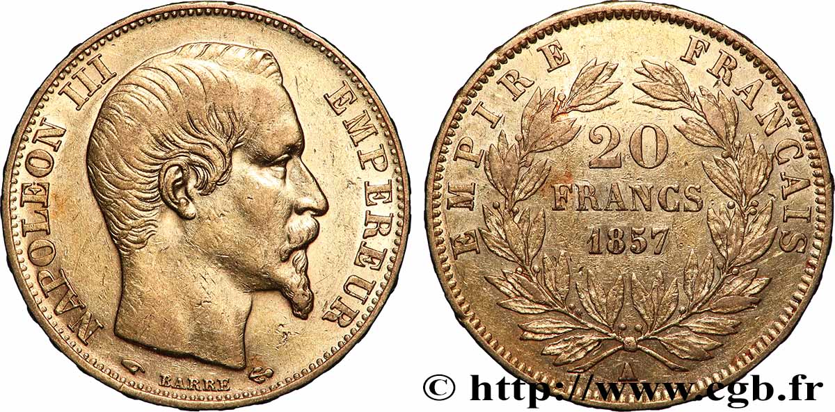 20 francs or Napoléon III, tête nue 1857 Paris F.531/12 XF