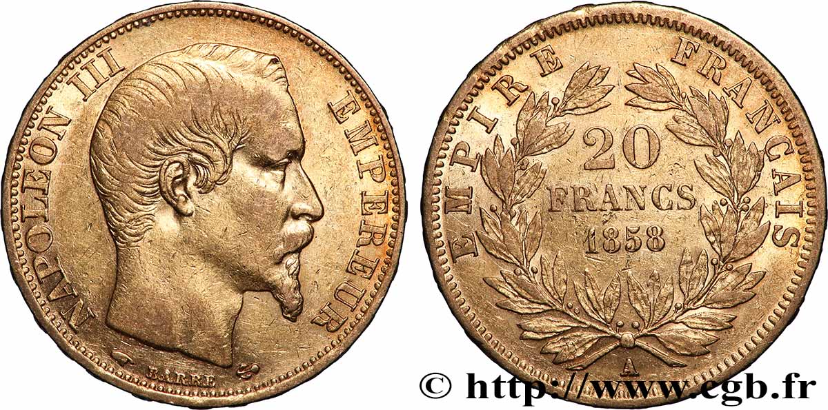 20 francs or Napoléon III, tête nue 1858 Paris F.531/13 XF