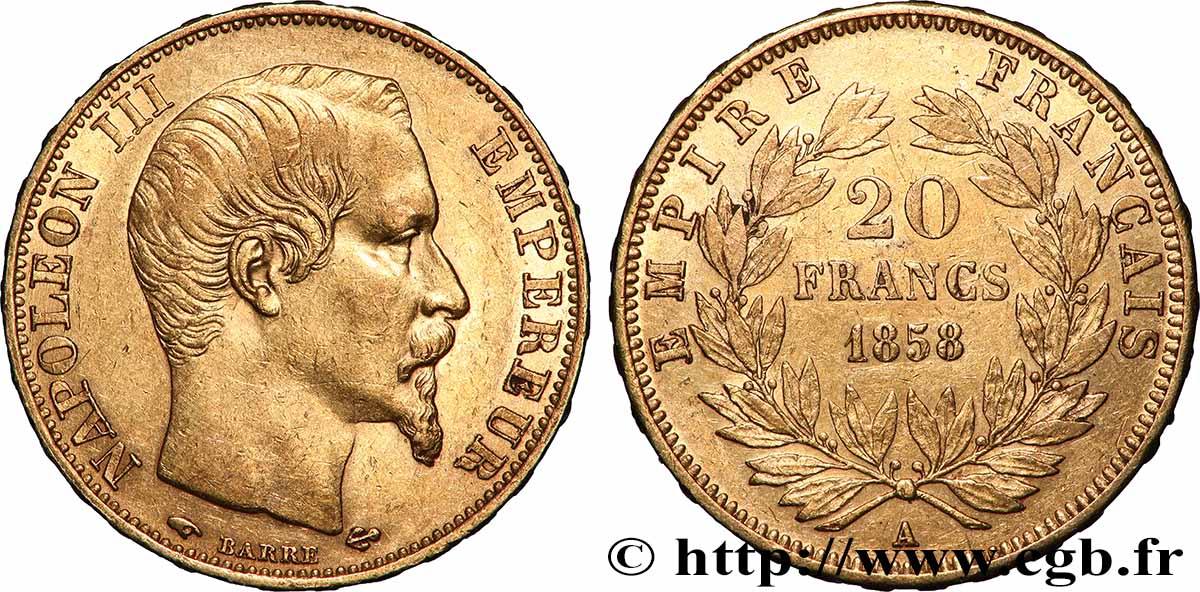 20 francs or Napoléon III, tête nue 1858 Paris F.531/13 q.SPL