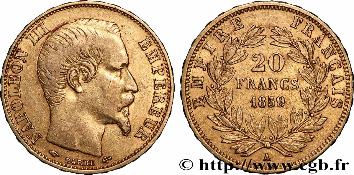 20 francs or Napoléon III, tête nue 1859 Paris F.531/15 XF