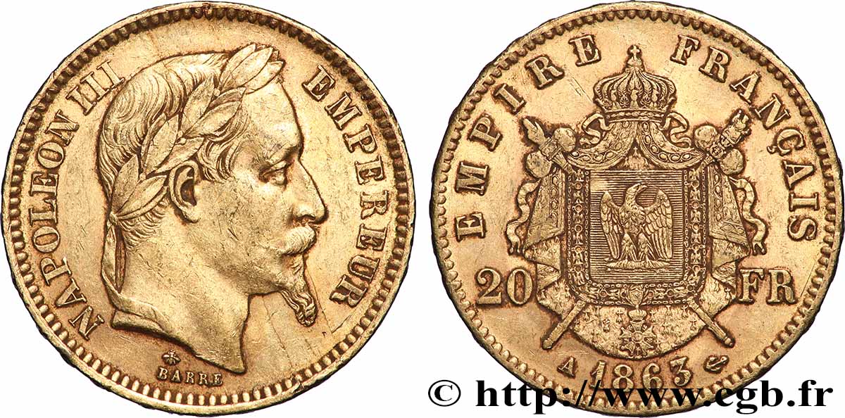 20 francs or Napoléon III, tête laurée 1863 Paris F.532/6 BB
