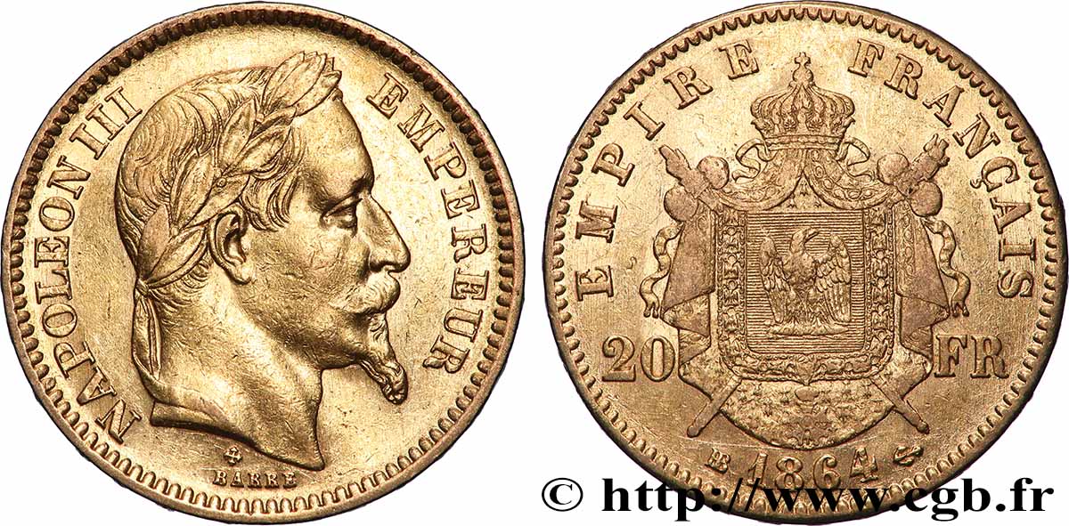 20 francs or Napoléon III, tête laurée 1864 Strasbourg F.532/9 BB
