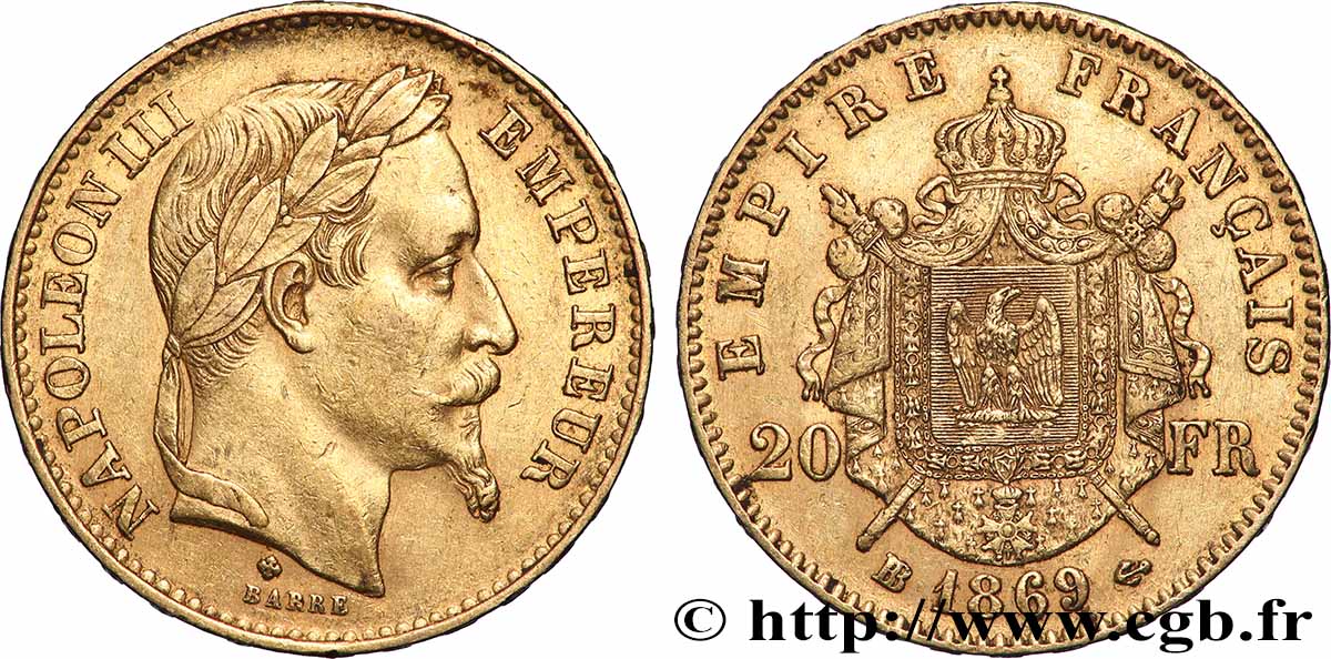 20 francs or Napoléon III, tête laurée, grand BB 1869 Strasbourg F.532/22 BB