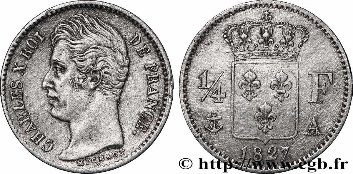 1/4 franc Charles X 1827 Paris F.164/10 TTB+