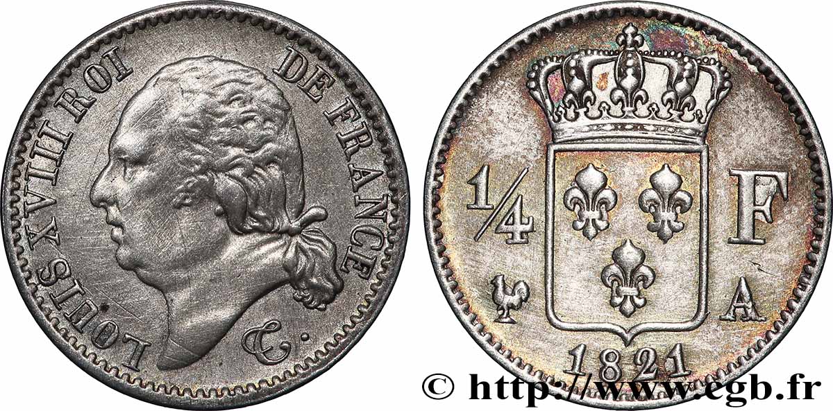 1/4 franc Louis XVIII 1821 Paris F.163/20 VF