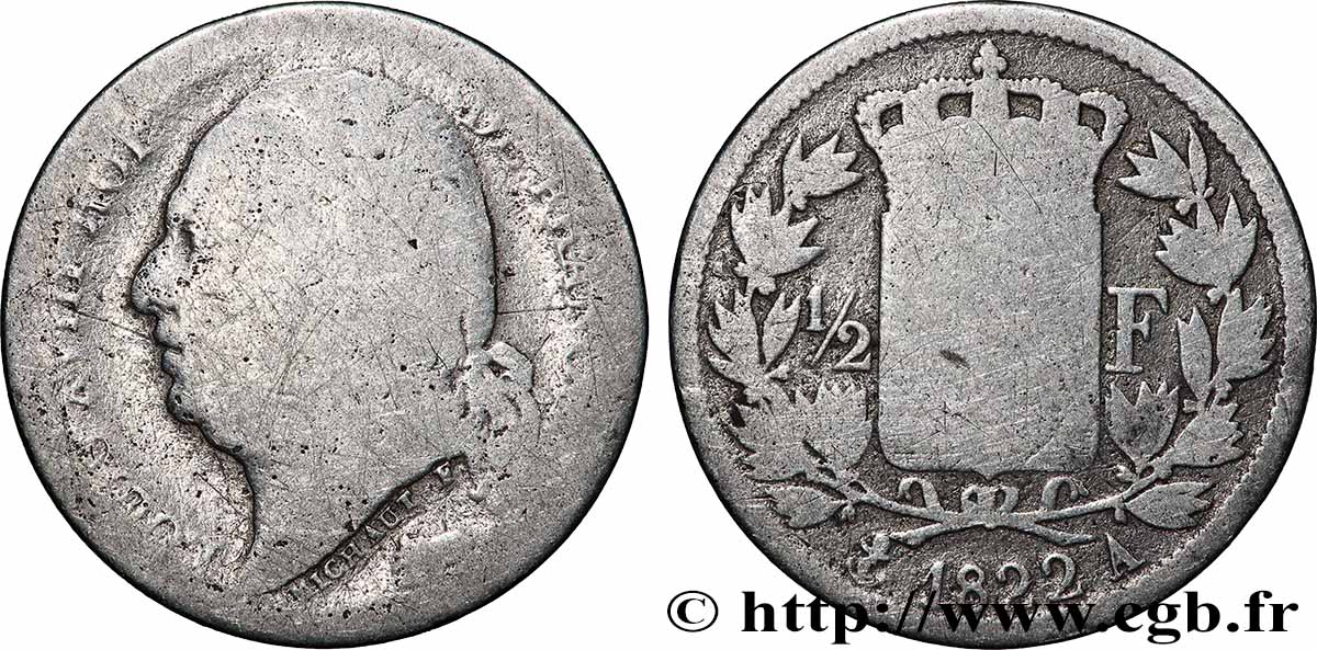 1/2 franc Louis XVIII 1822 Paris F.179/30 VG