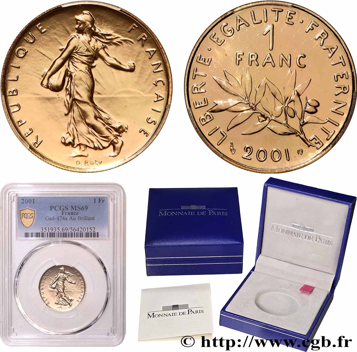 1 franc Semeuse Or, BU (Brillant Universel) 2001 Pessac F5.1007 2 MS69 PCGS