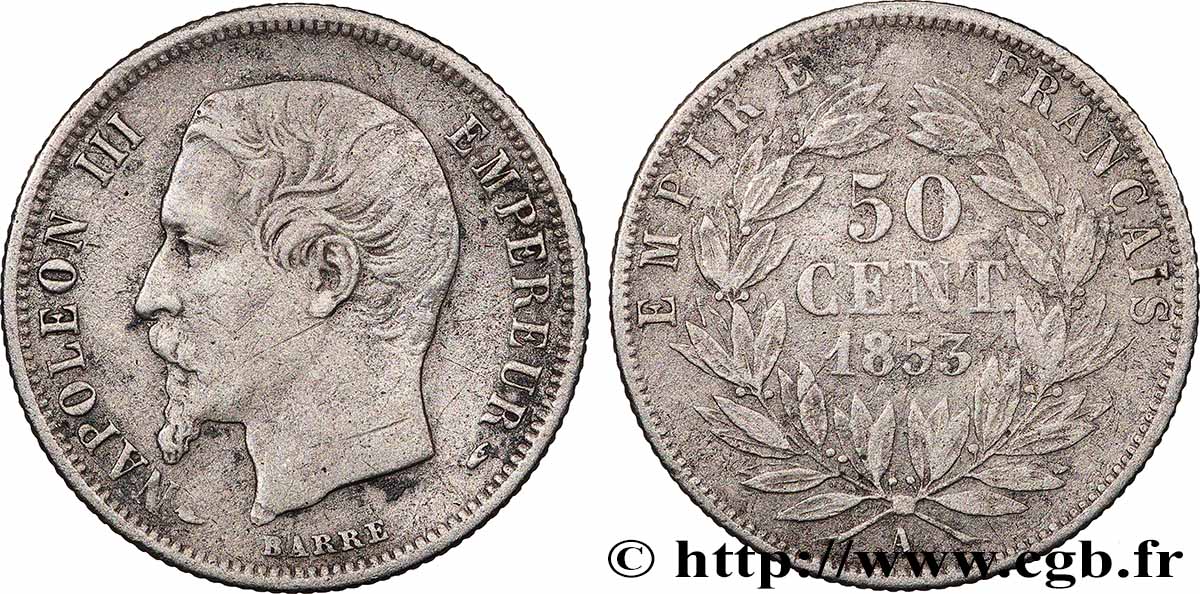 50 centimes Napoléon III, tête nue 1853 Paris F.187/1 TB+