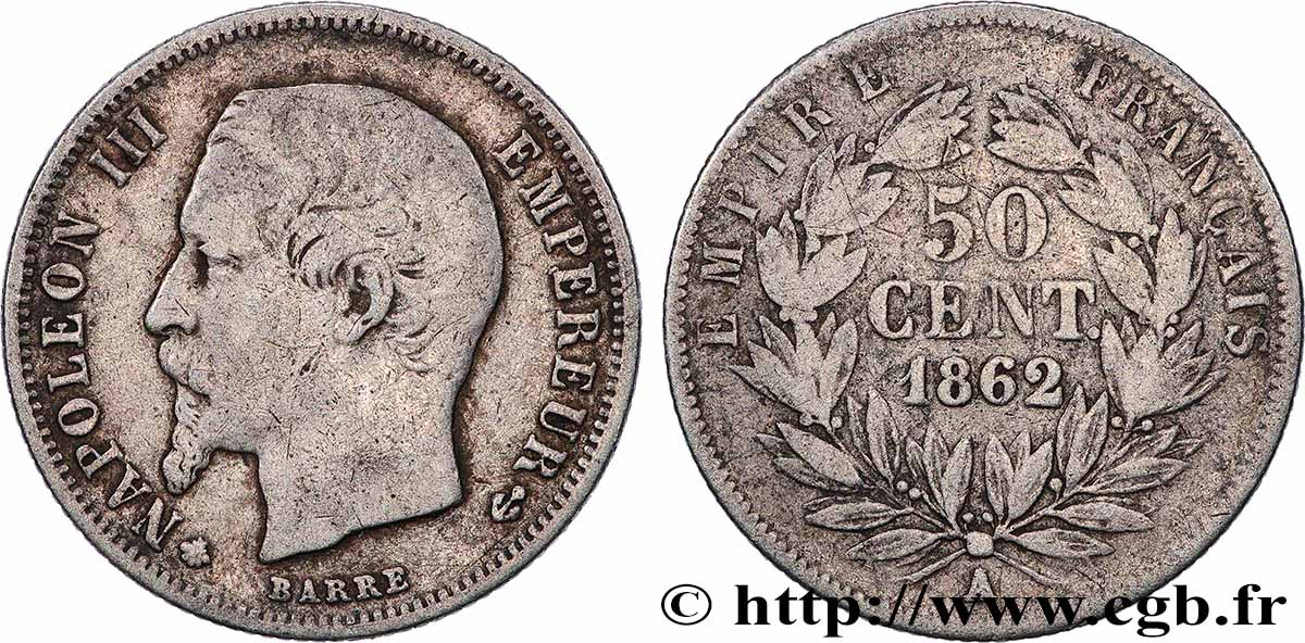 50 centimes Napoléon III, tête nue 1862 Paris F.187/16 TB