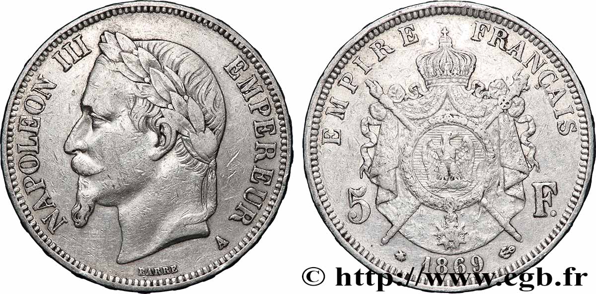 5 francs Napoléon III, tête laurée 1869 Paris F.331/14 TB+