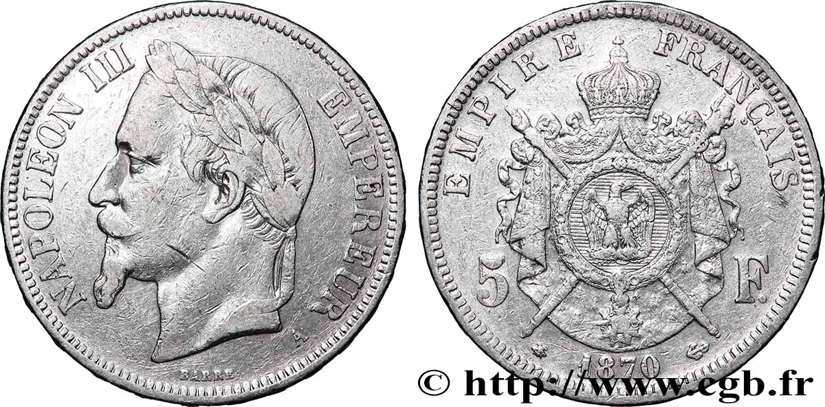 5 francs Napoléon III, tête laurée 1870 Paris F.331/16 TB