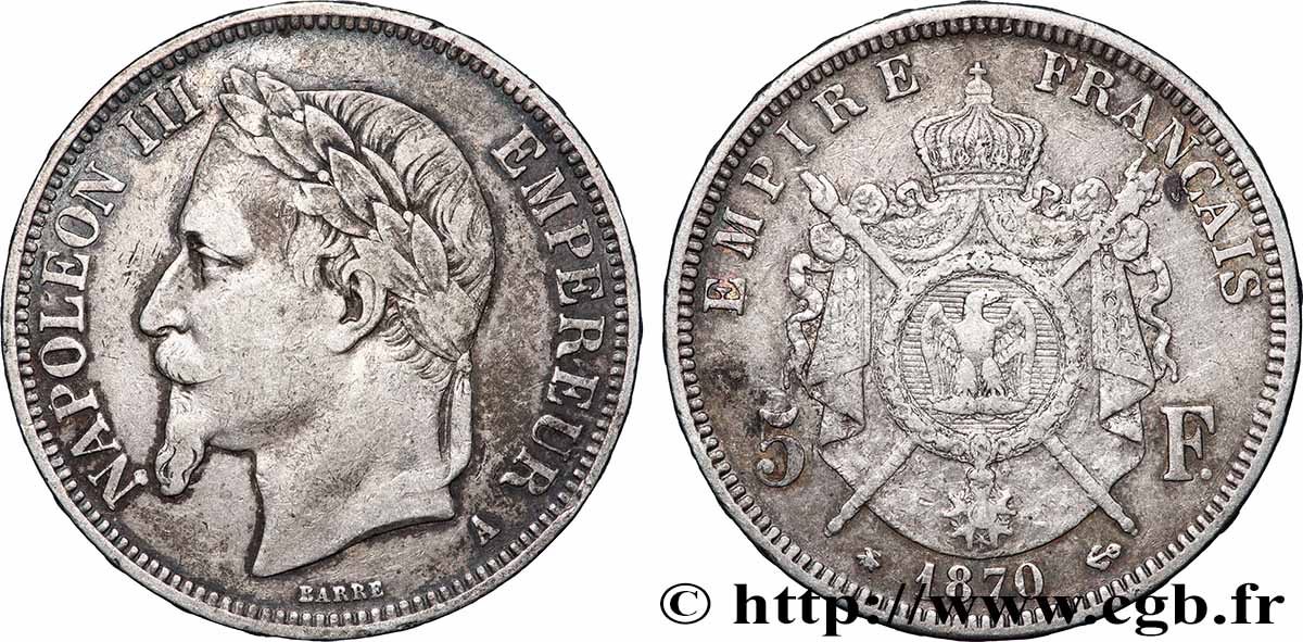 5 francs Napoléon III, tête laurée 1870 Paris F.331/16 TB