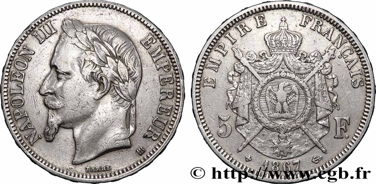 5 francs Napoléon III, tête laurée 1867 Strasbourg F.331/11 TTB