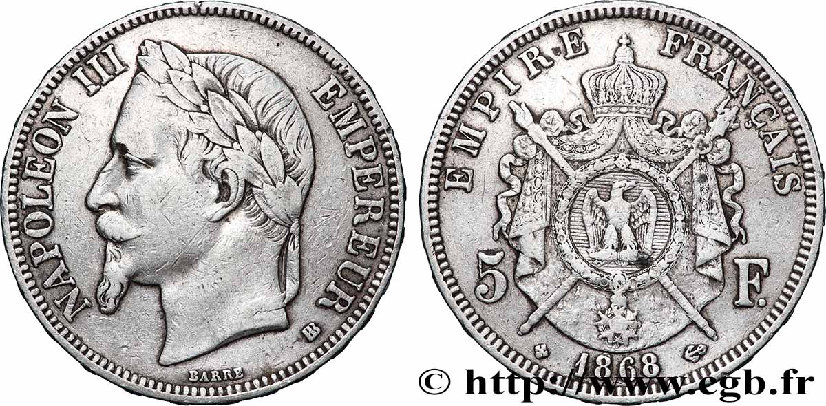 5 francs Napoléon III, tête laurée 1868 Strasbourg F.331/13 TB