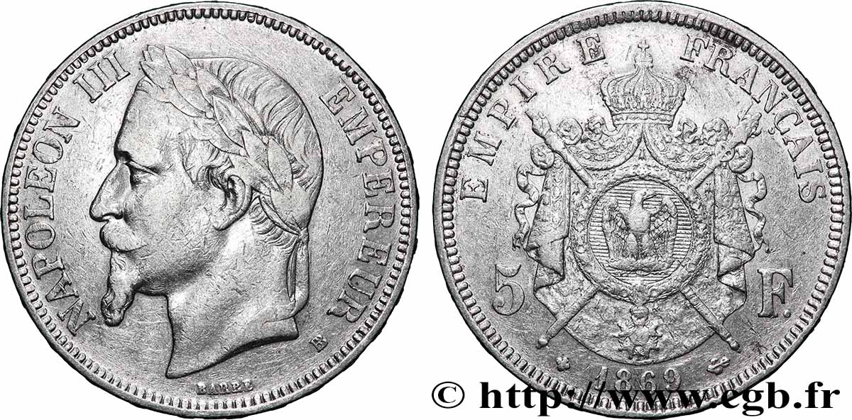 5 francs Napoléon III, tête laurée 1869 Strasbourg F.331/15 TB+