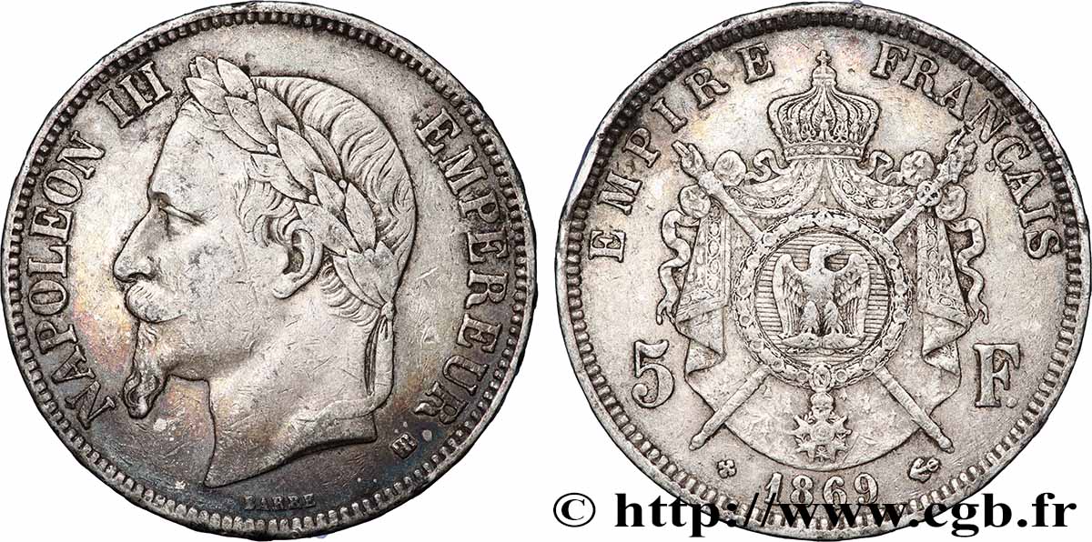 5 francs Napoléon III, tête laurée 1869 Strasbourg F.331/15 TB+