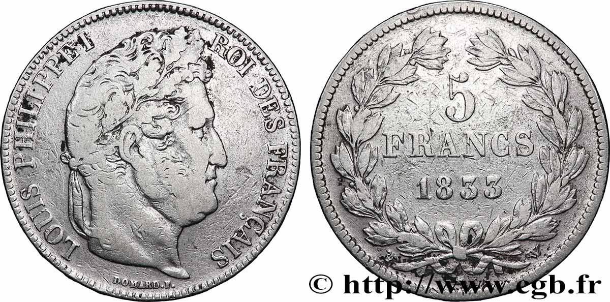 5 francs IIe type Domard 1833 Lille F.324/28 TB